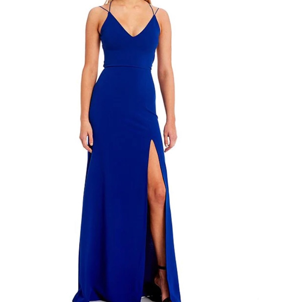 B. Darlin Cross Back Front Slit Long V-Neck Dress